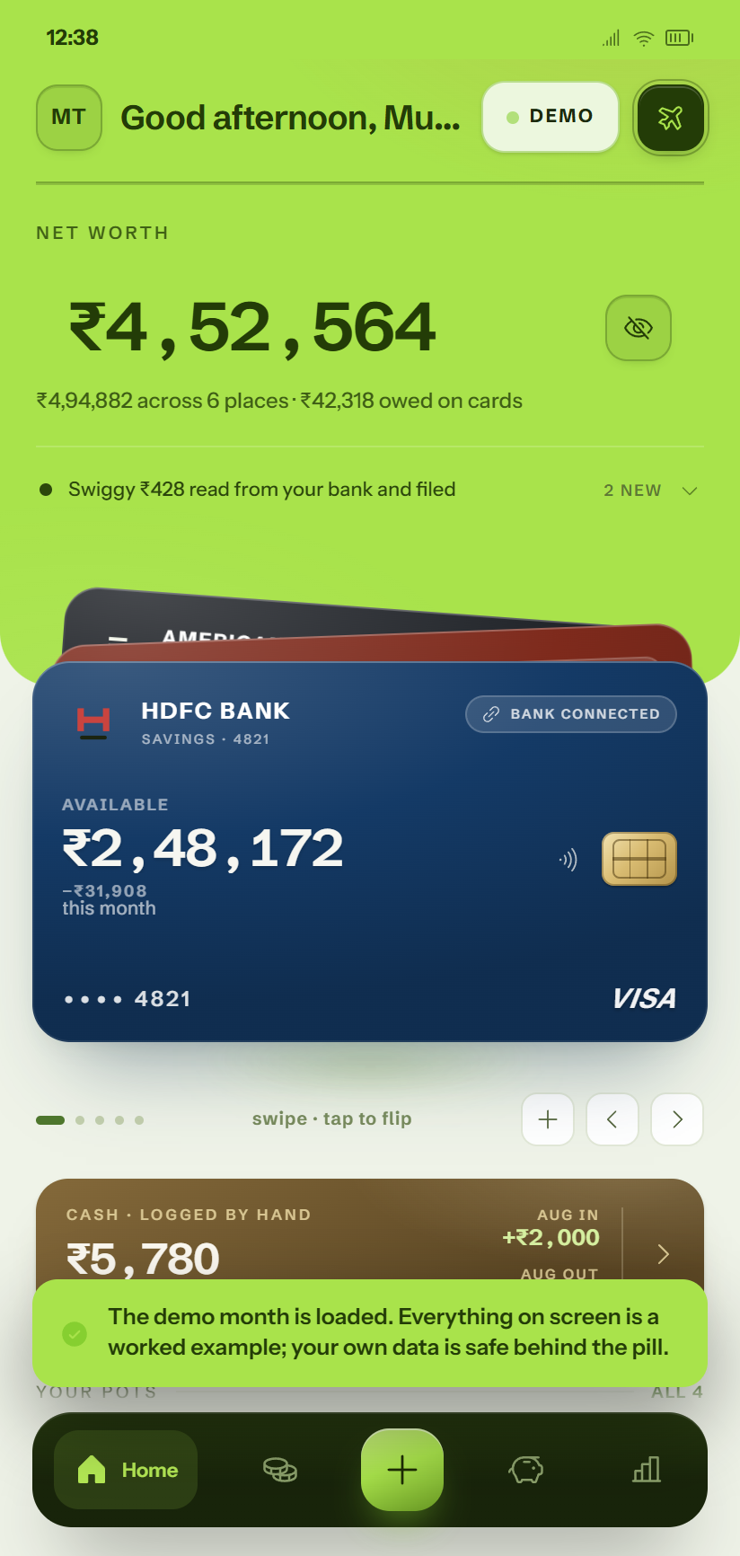 The MergeWise home screen showing net worth, a card wallet and shared pots.